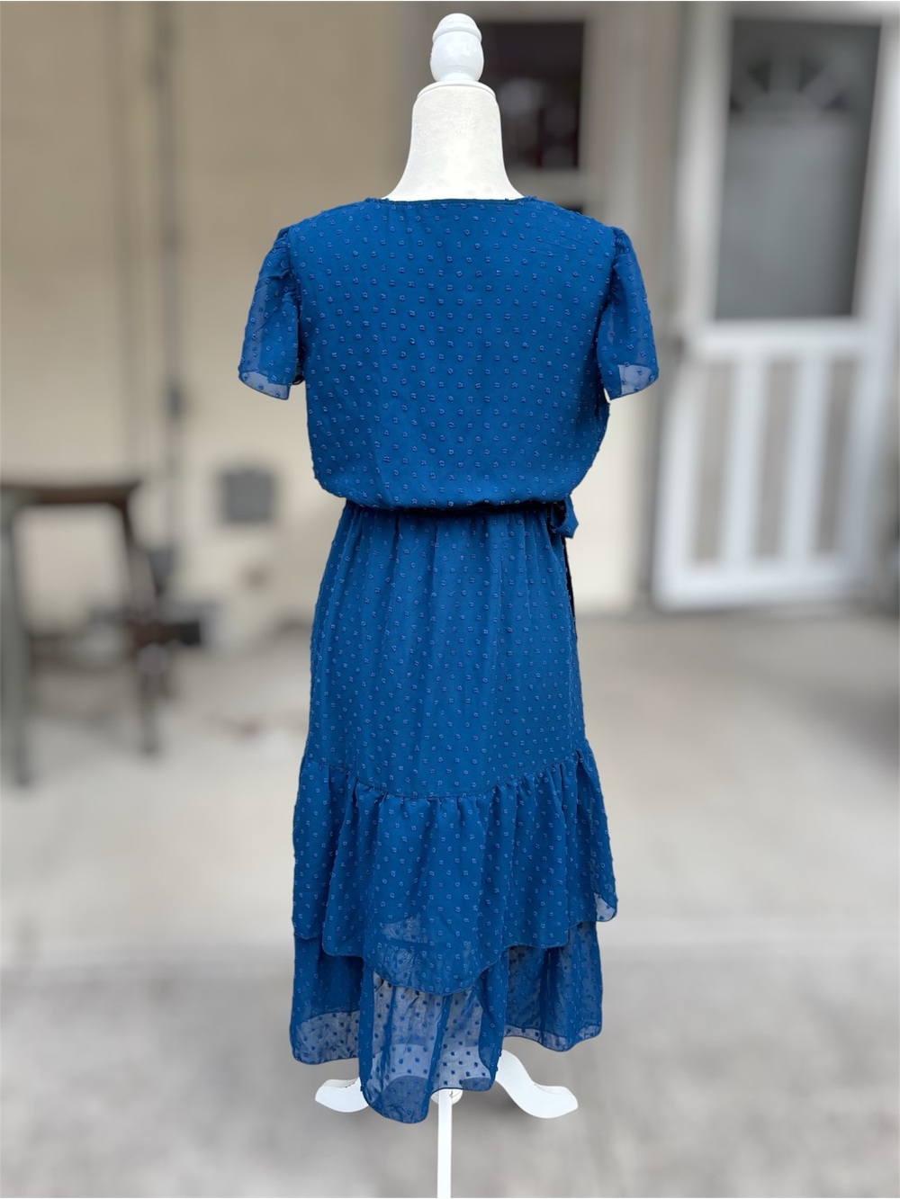 BTFBM Blue Swiss Dot Faux Wrap Midi Dress Ruffle High Low Neck Snap L Like New - Picture 5 of 8